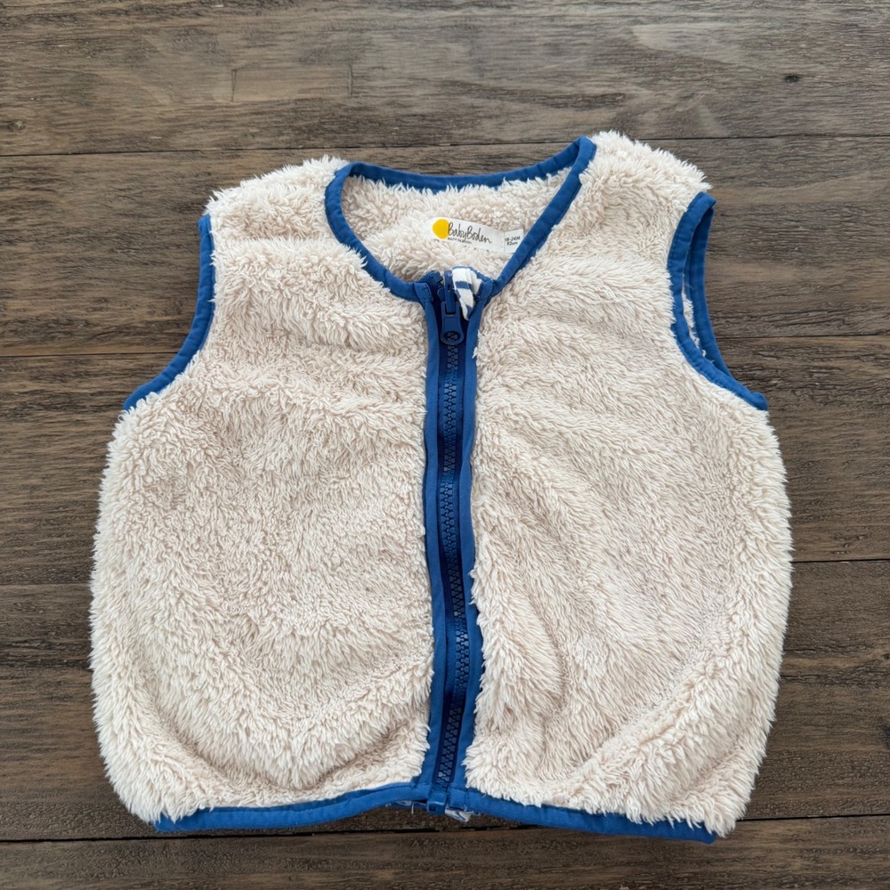 Baby Boden Sherpa Fleece Vest Cream Blue Trim 18-24M Zip Up Gilet